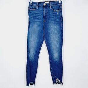 Frame Ali High Rise Cigarette Distressed Raw Hem Jeans in Madera Rips Wash 28